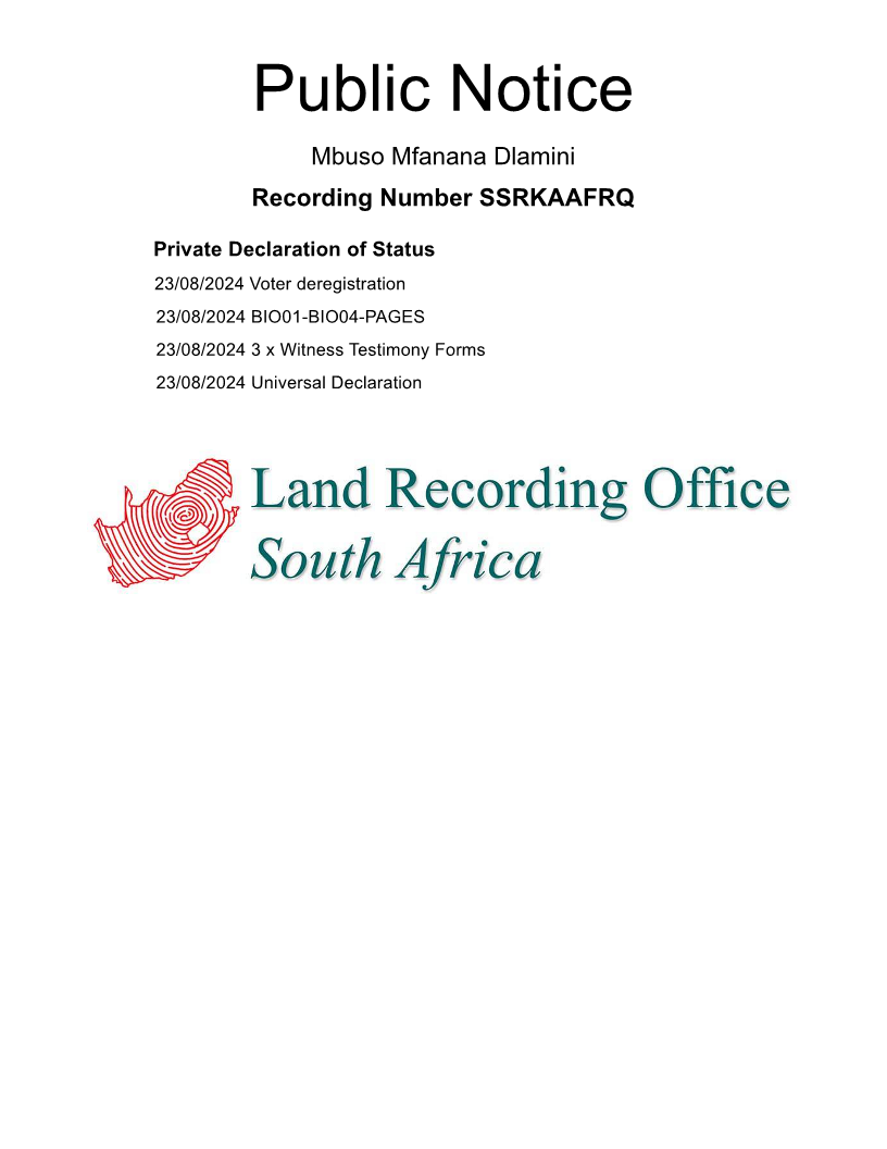 Public notice Mbuso Mfanana Dlamini Recording Number SSRKAAFRQ